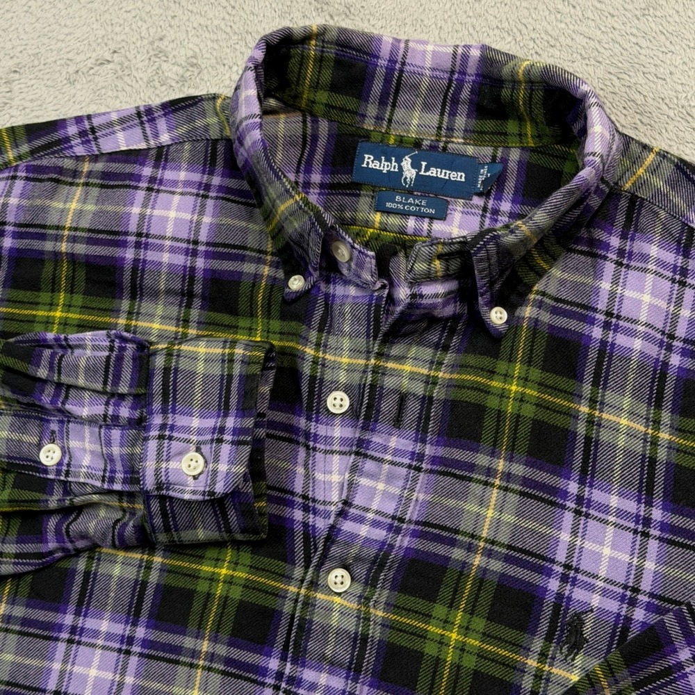 Polo Ralph Lauren Blake Shirt Mens Large Purple Green Plaid Flannel Cotton Large